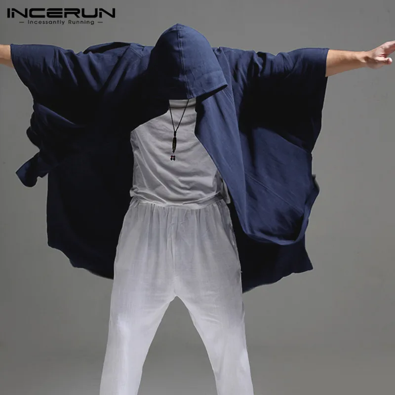 Ropa de abrigo para hombre con capucha de manga 3/4 ropa de calle de algodón de punto abierto Retro Casual Poncho abrigos de Color liso para hombre Trench Cardigan INCERUN