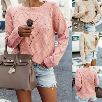

Women Long Sleeve Kintted Loose Winter Warm Sweater Casual Jumper Pullover Hollow out geometric Pattern Casual Ladies Sweater