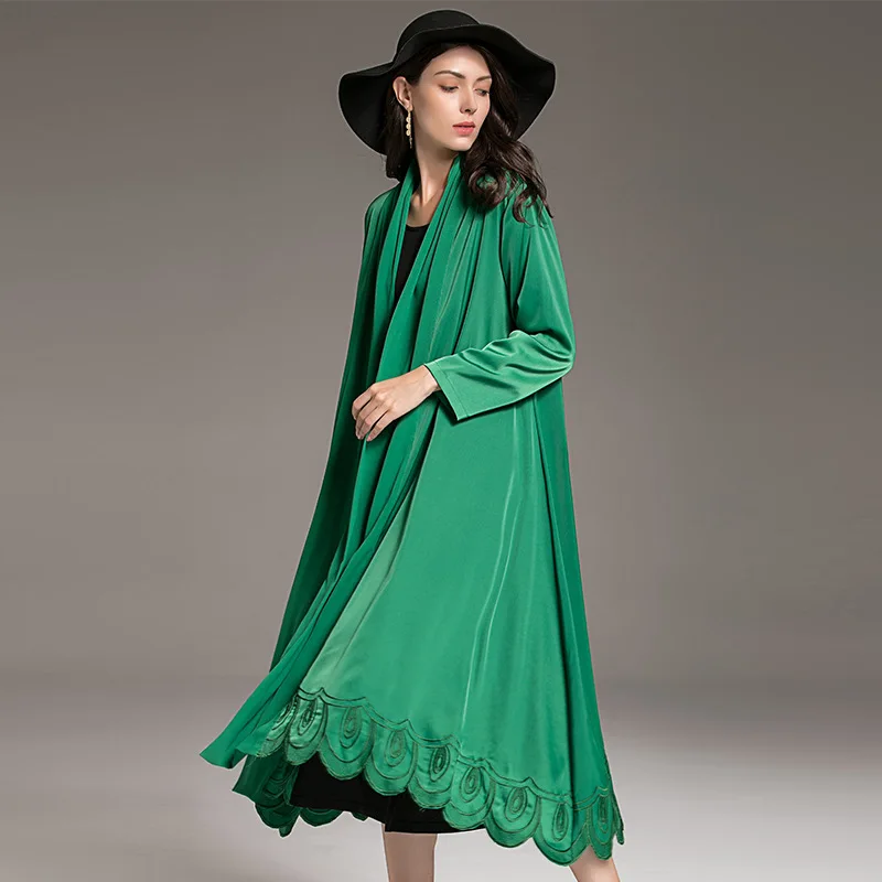 

2018 Autumn Elegant with Scarf Collar Loose Sundress Pendulum Machine Embroidery Cardigan Trench Coat Middle Long Coat Women's