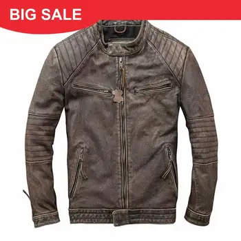 

2020 Vintage Brown Men American Style Biker's Leather Jacket Plus Size XXXL Genuine Cowhide Autumn Slim Fit Motorcycle Coat