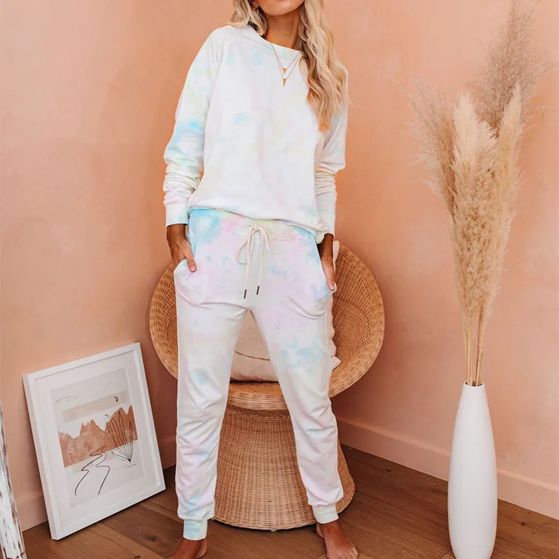 

Outfits 2020 Autumn Winter Women's Suit Casual O-Neck Tie-dyed Sweatshirt + Long Pant Loose 2 Piece Suit
