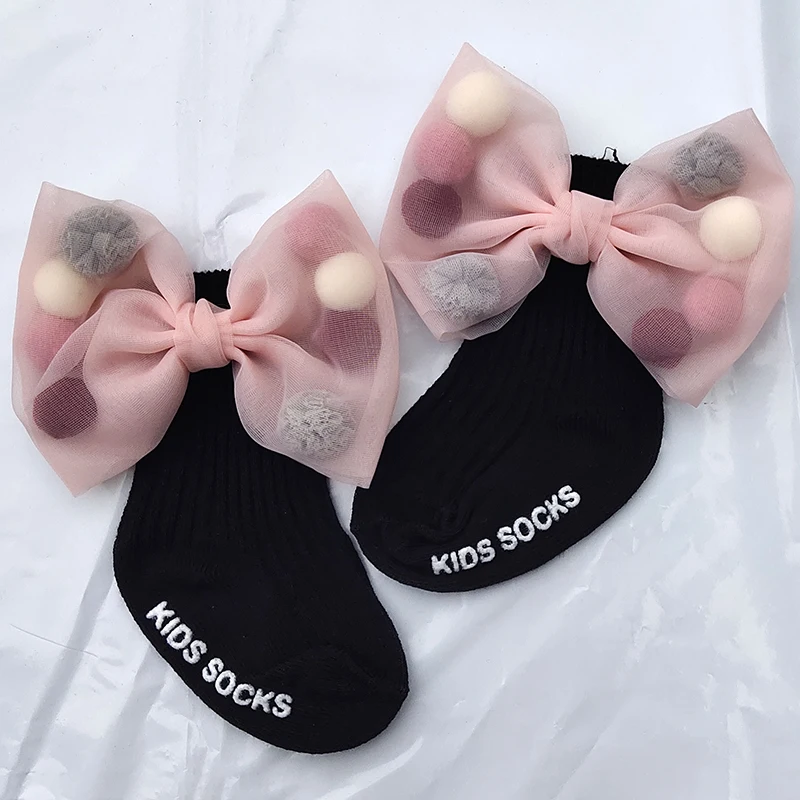 Носки для новорожденных девочек с большими бантиками, хлопковые носки для малышей, детские носки принцессы для девоче - Цвет: White Pink Bow