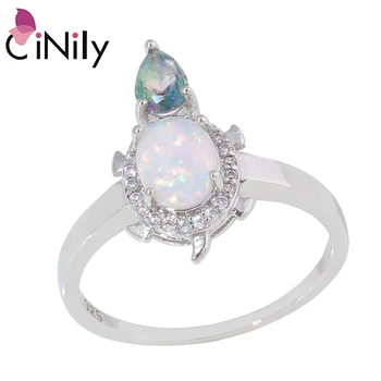 

CiNily Blue & White Fire Opal Sea Turtle Rings With Stone Silver Plated Tortoise Ring Rainbow Mystic Zirconia Cute Jewelry Woman