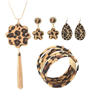 

Necklace Earrings Bracelet Jewelry Sets with Leopard Long Tassel Pendant Necklace Earrings Faux Leather Teardrop Drop Dangle Ear
