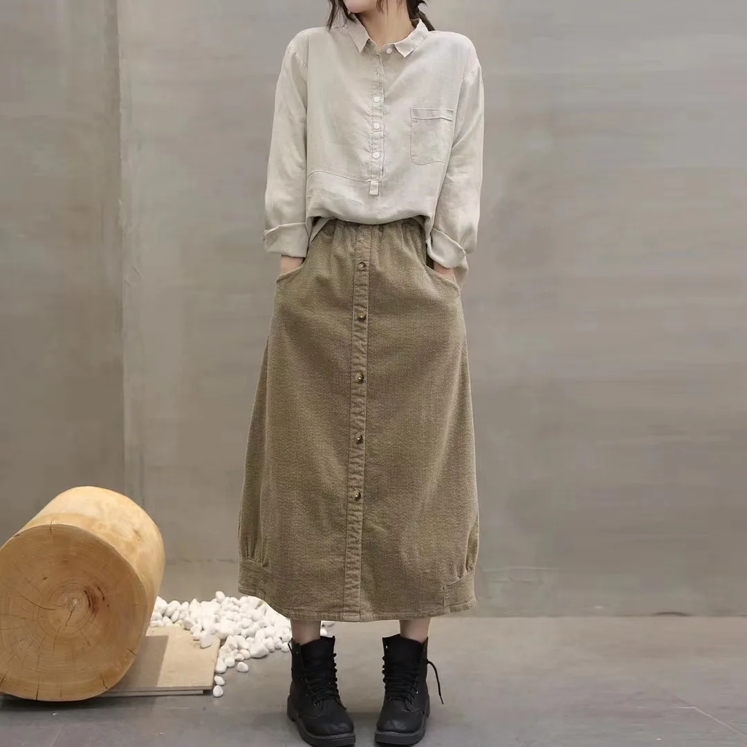 

2020 Spring New Style Elegant Retro Versatile Cotton Corduroy Skirt Solid Color Elastic Waist A- line Long Skirts