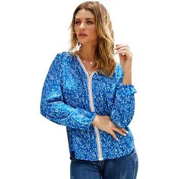 

Autumn New Floral Long-sleeved T-shirt Women's Top Cotton V-neck Tee Shirt