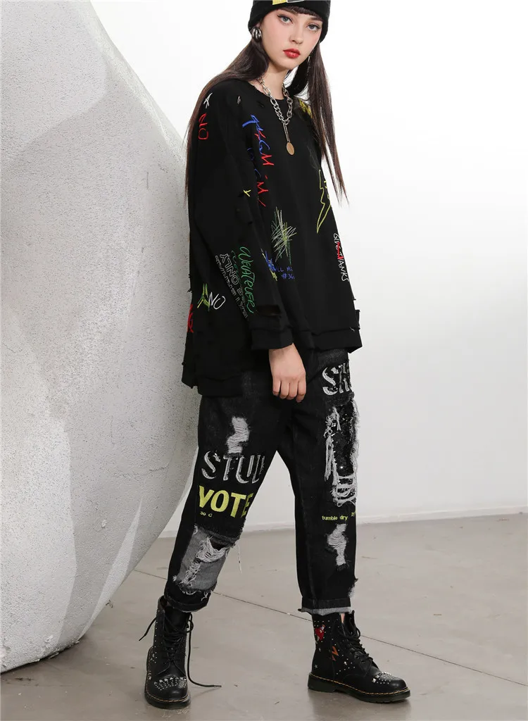 Max LuLu модные корейские женские осенние панк уличные женские свободные толстовки с дырками Повседневные свитера большого размера с вышивкой