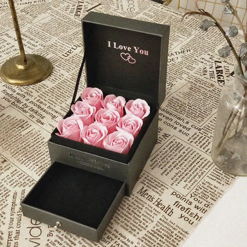 1 pc Rose Gift Box Concise Double Soap Flower Gift Box Perfume Jewelry Drawer Box Valentine's Day Gift Look Like Fresh - Color: XOI0408F