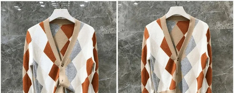 Cardigan Feminino Rushed Microfiber Standard Autumn New Cashmere Sweater Women Contrast Plaid Irregular Wool Knit Cardigan