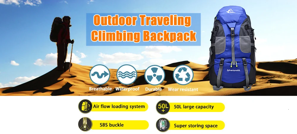 50L Large Outdoor Waterproof Raincover Backpack Camping Bag Hiking Backpacks Waterproof Mountaineering Travel Climbing Rucksack