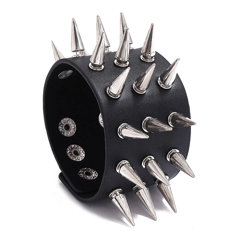 Leather Bracelet Punk Style Wristband Leather Studded Bracelet Cuspidal Spikes Rivet Stud Wide Cuff Black Bangle Adjustable Men Bracelet Bangle Bracelet Leather Bracelets