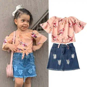 

2PCS Kid Baby Girls Summer Off Shoulder T-shirt Ripped Denim Skirt Summer Outfit Set Floral Dress set Elegant