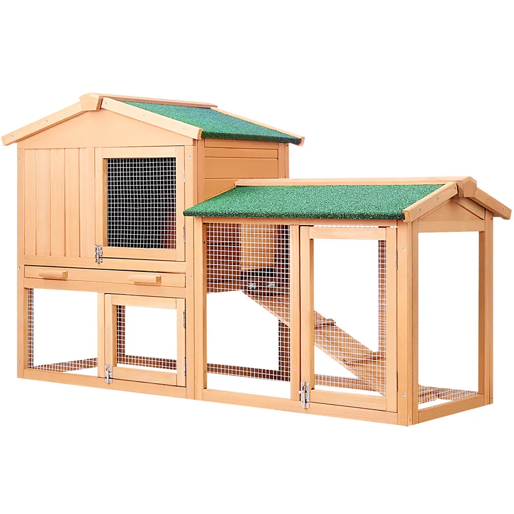 138cm Wide Rabbit Hutch Chicken Coop Cage Guinea Pig Ferret House W/ 2 Storeys Run Large Outdoor Household Cage Pets House