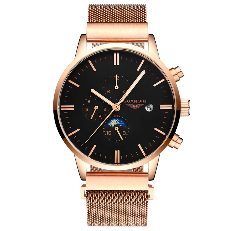 GUANQIN GJ16045 часы люксовый бренд Moon Phase Многофункциональный Автоматический мужские часы Золотая сетка стальной ремешок механические часы - Цвет: Серый