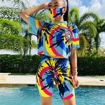 

JAYCOSIN Women Print O-Neck Sports Shorts Suit With Mask Casual Short Sleeve Top Shorts Sets Plus Size Fashion Home Clothes