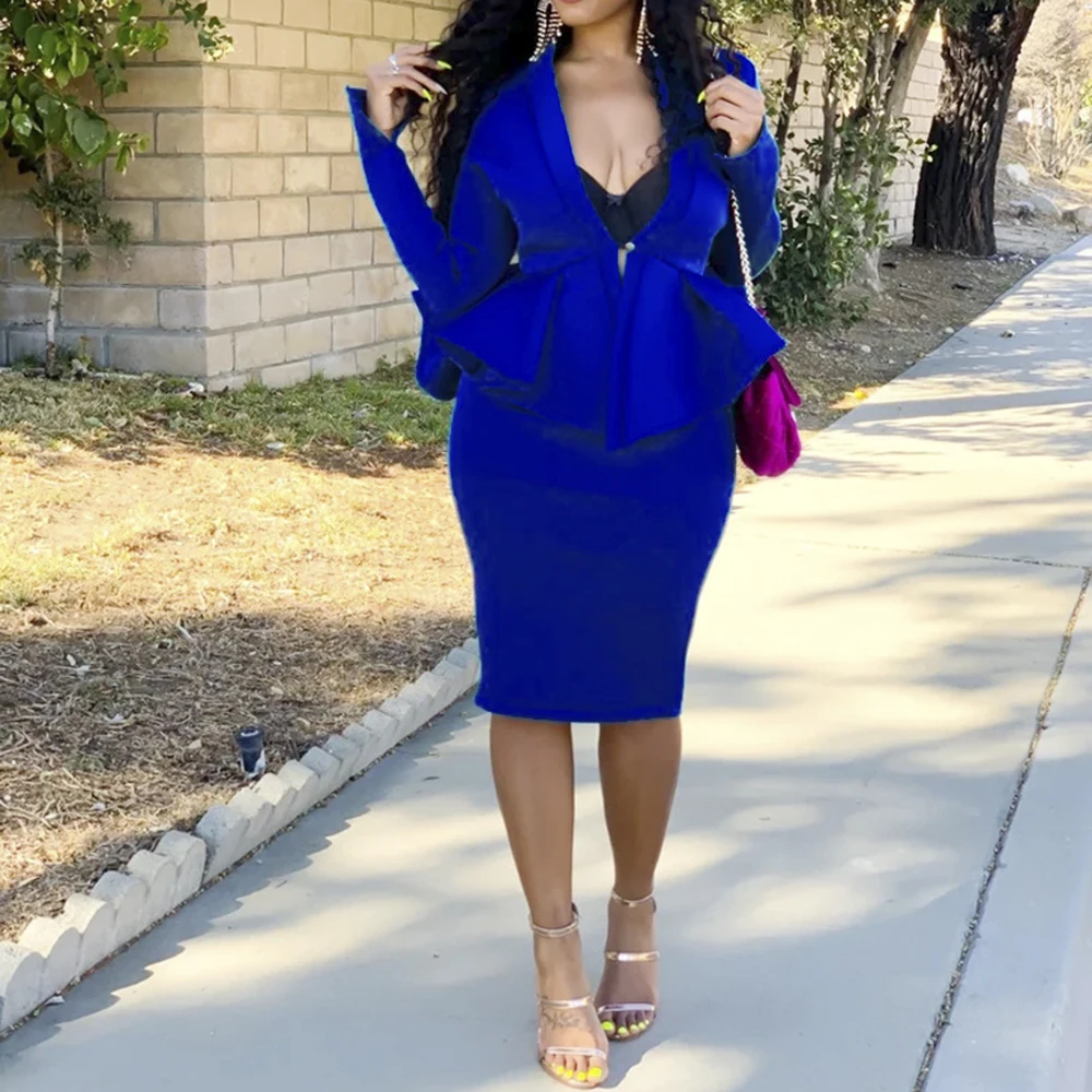 

Sexy Office Ladies Two Piece Set Autumn V-Neck Ruffle Long Sleeve Tops and Skirt Suit Sets African Women Night Club Party Outfit