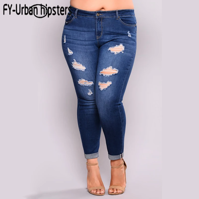 skinny sexy elastic jeans destroyed womenbig Hole Torn Jeans Woman plus Size Stretch Jeans trousers Tights Female denim Pants
