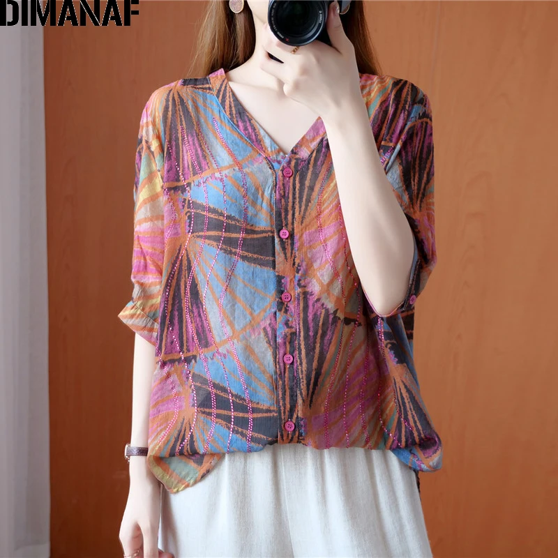 DIMANAF Summer Plus Size T-Shirts Women Clothing Lady Tops Tees Tunic Vintage Loose Cotton tshirt Print Shirt Button Beading
