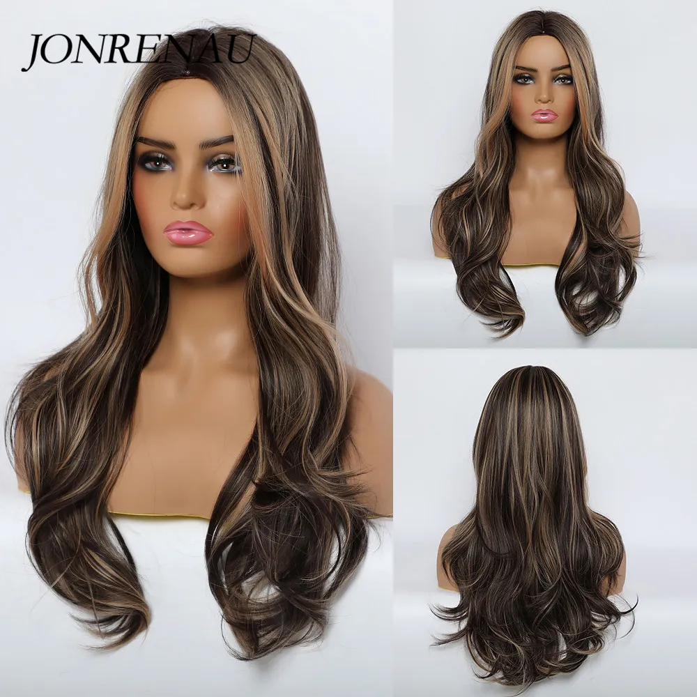 

Jonrenau Long Water Wave Synthetic Wigs Dark Brown Middle Part Natural Hair Wigs For Women Cosplay Wigs Heat Resistant Fiber