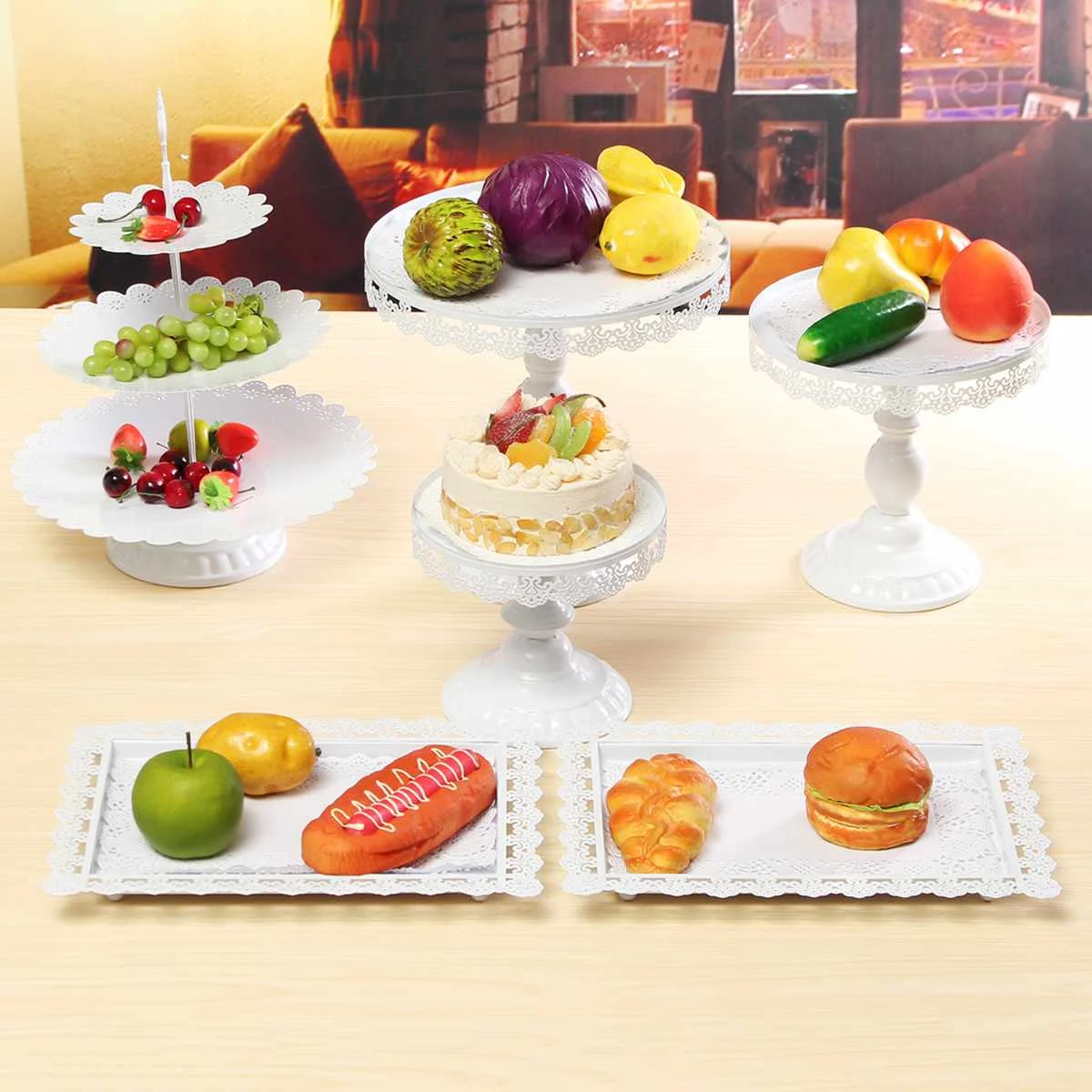 7pcs/set Iron Cake Stands Wedding Decorating Tools Moulds Cake Tray Rack Pan High Foot European Snack Rack Pastry Plate