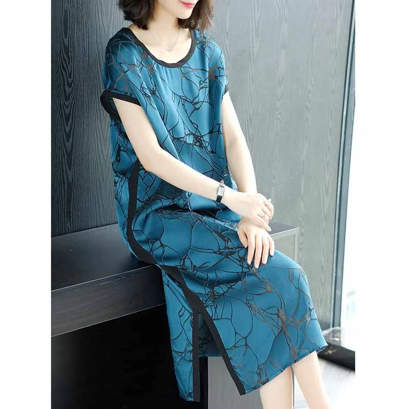 

2019 Spring And Summer WOMEN'S Dress Faux Cupro Dress High-End Large Size Mid-length Slimming Elegant Fat Mm Short-sleeve Dress