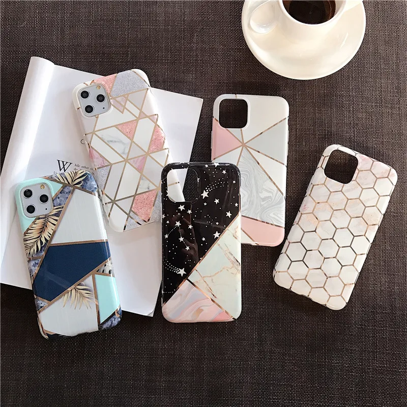 

Fashion Electroplate Geometric Marble Texture Phone Case For iPhone 11 Pro Max XS MAX XR Case Soft Glossy Back Cover Case