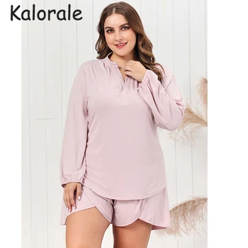 

Plus Size Summer Women Pajama Sets V Neck Long Sleeve Loose Pink Home Wear Casual Solid Shirt+Shorts Nighties Sleepwear 2020