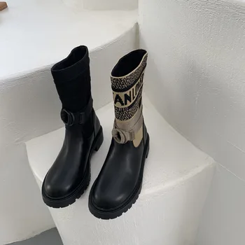 

2020 NEW ankle boots for women winter boots black High quality leather material Boots elastic cloth Fashion all-match size 35-41