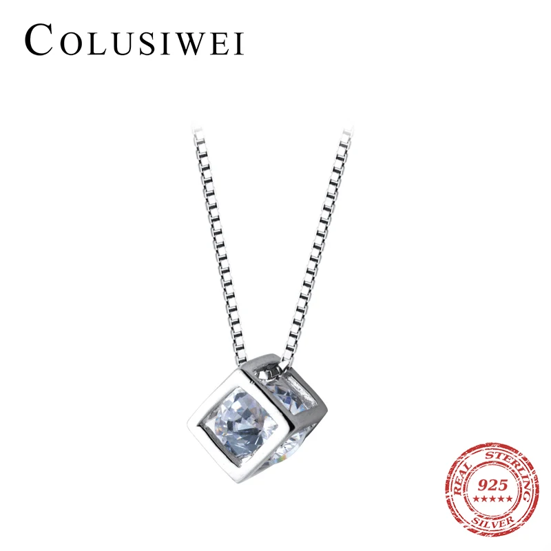 Colusiwei Real 925 Sterling Silver Minimalism Elegant Cube Square Clear CZ Pendant Necklaces Women Sterling Silver Jewelry