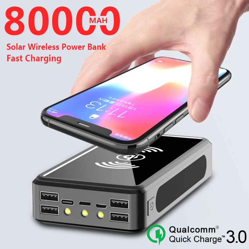 Banco de energía Solar de 80000mAh, cargador inalámbrico rápido con 4USB de gran capacidad, batería externa de teléfono móvil, Banco de energía para Smartphoones