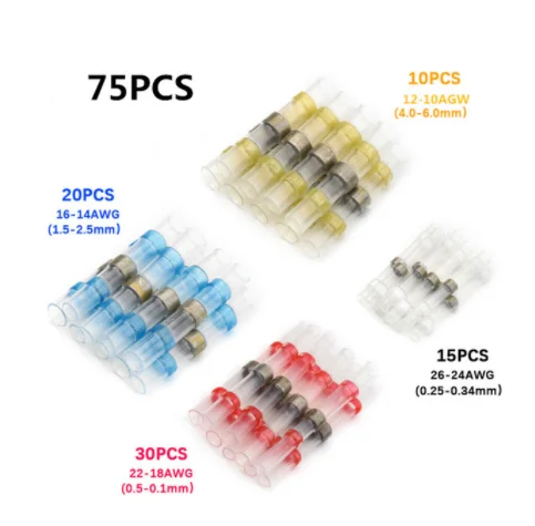 50/100/250PCS Mixed Heat Shrink Connect Terminals Waterproof Solder Sleeve Tube Electrical Wire Insulated Splice Connectors Kit 75PCS Without Box