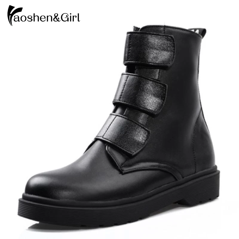 

Haoshen&Girl Winter Woman Ankle Boots Silver Black Square Low Heels Shoes Fashion PU Leather Footwear Big Size 34-43