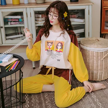

Fashion Young Girls Pajamas Sets Long Sleeve Cute Cartoon Large Size Korean Version Sleepwear Women's Pijamas Mujer Home Clothes