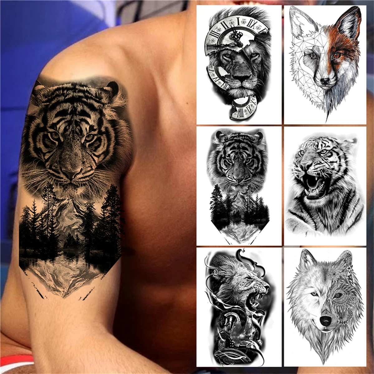 Forest Tiger Temporary Tattoos For Men Women Adult Animals Compass Lion  Tattoo Sticker Realistic Fake Wolf Big Diy Tatoos Decor - Temporary Tattoos  - AliExpress