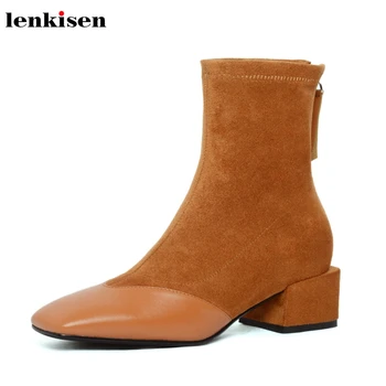 

Lenkisen new arrival flock leather med heels square toe short plush fashion women Zipper winter keep warm beauty ankle boots L36