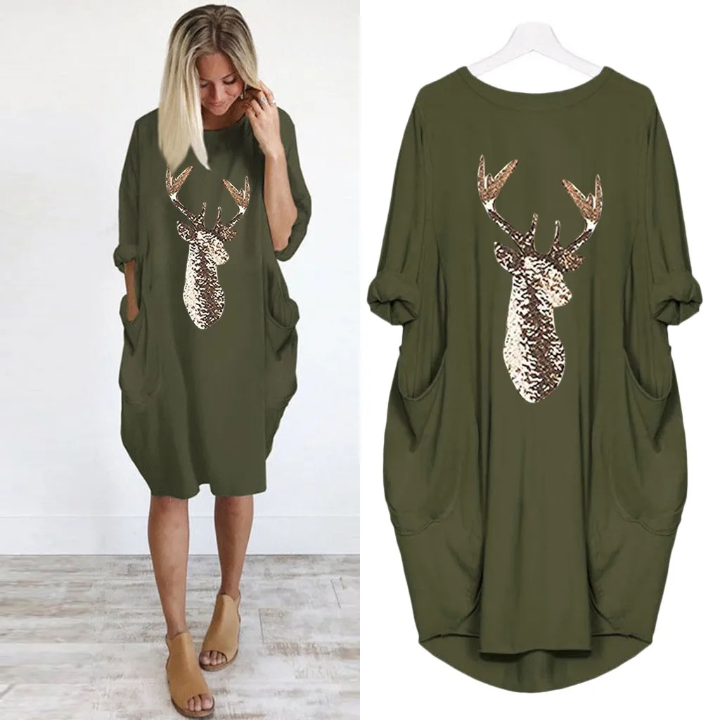 O Neck Long Pocket Christmas Dress