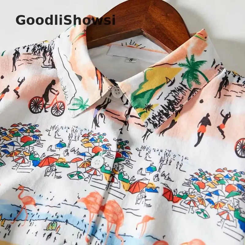 GoodliShowsi, весна, пляжный стиль, женское платье миди, Гавайское море, пейзаж, принт, длинный рукав, пояс, рубашка трапециевидного силуэта, платье