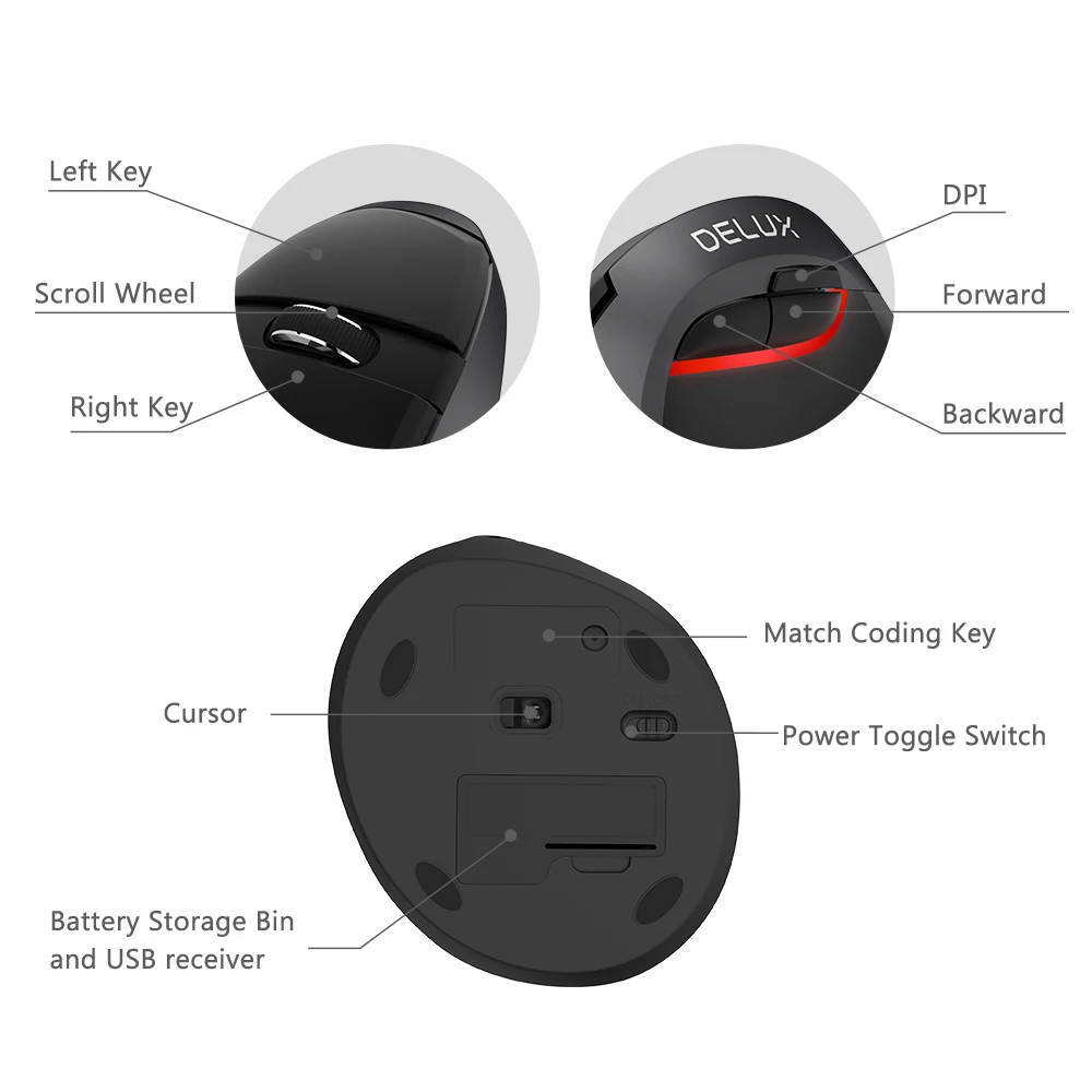Vertical sem Fio Verticais para Computador Delux Mini Ergonômico Mouse Gamer 1600 Dpi Ratos Portátil M618 2.4 Ghz - Imagem 4