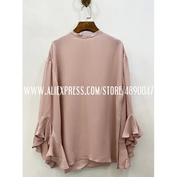 

Fashion Women's 100%Silk Crew Neck Shirt Lady OL Party Tops High Quality Shirt Casual loose Lotus sleeve Pink shirt