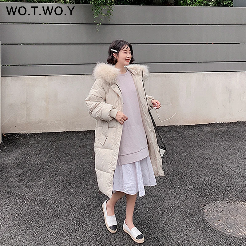 WOTWOY Fashion Winter Jacket Women Fur Neck Zipper Buttons Hooded Knee-Length Female Parkas Pockets Ribs Women's Outwear - Цвет: C19262White