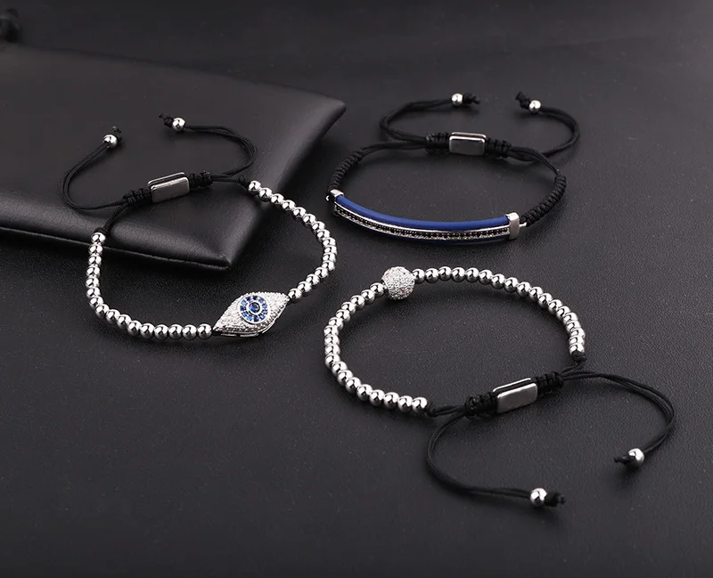 Jaravvi High Quantity 4mm Stainless Steel Beads CZ Evil Eye Charm Braided Macrame Bracelet Set Men - Image 6