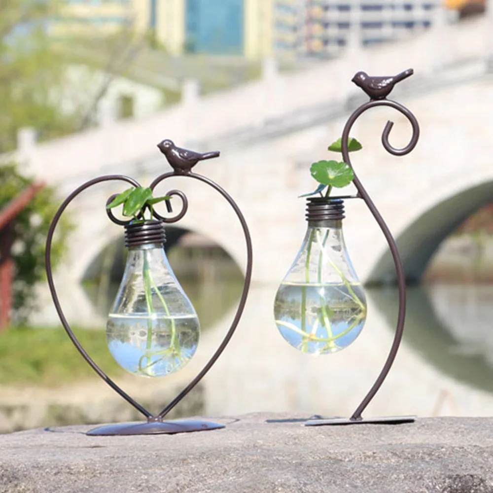 

Plant Glass Bottle Wrought Iron Flower Flower Flower Office Living Room Desktop Vase Decoration Creative Wrought Iron Love Birds