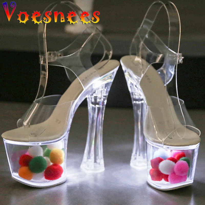 

Sexy Model Show Transparent Sandals Color Hairball Glow Women Shoes Thin High Heels Platform Steel Pipe Dance Female Sandals