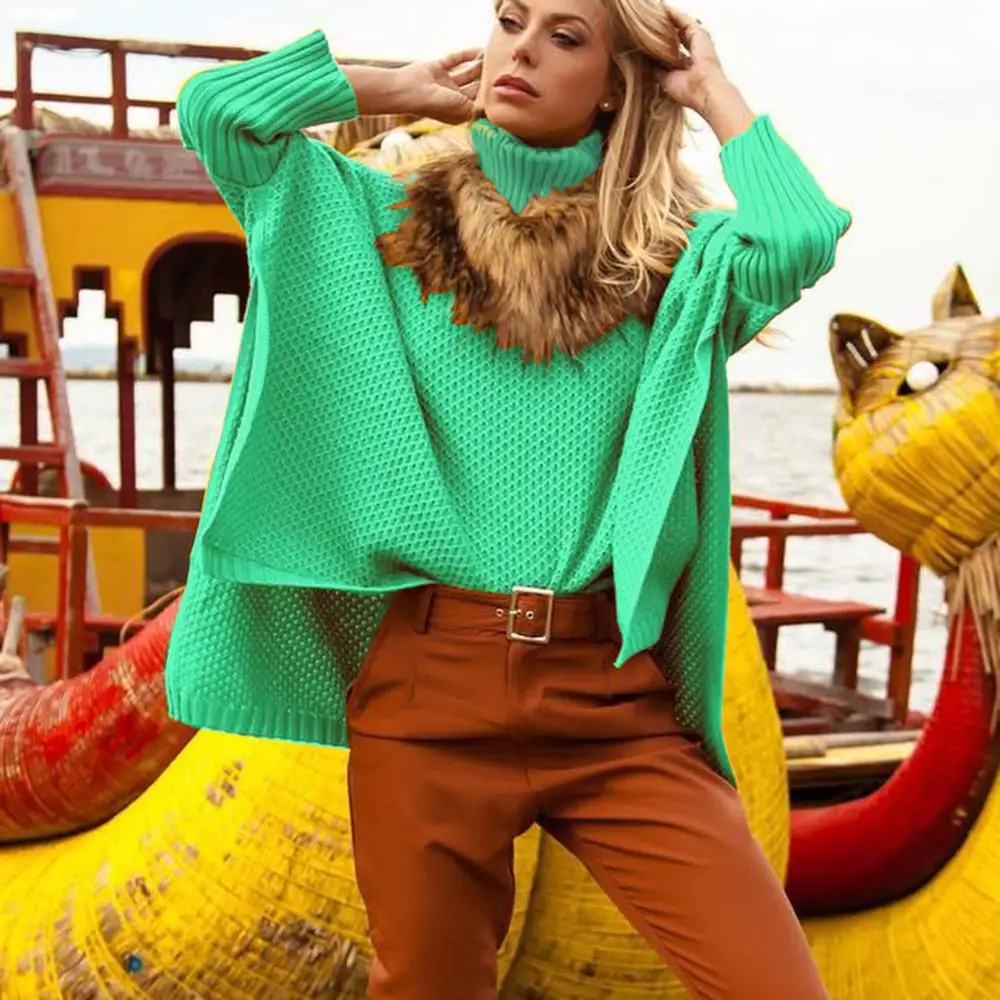 

Autumn and winter Womens solid loose Turtleneck Sweater Casual Knitted Loose Long Sleeve Pullover 2019 new hot @8