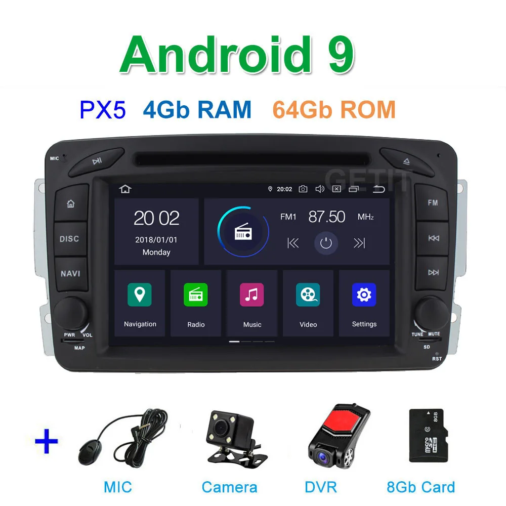 DSP 64G PX6 Android 9,0 автомобильный DVD мультимедиа радио gps для Mercedes Benz CLK W209 W203 W463 W208 Wifi Bluetooth стерео аудио - Цвет: PX5 4G CAM DVR SD
