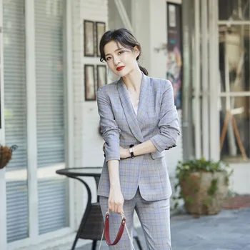 

Women's suit 2019 autumn new casual fashion temperament slim slimming lattice single-breasted small suit trousers two-piece set