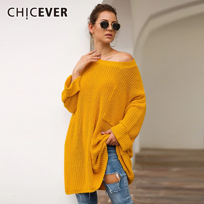 

CHICEVER Off Shoulder Hollow Out Women's Sweater Clothes Batwing Sleeve Loose Long Length Jumper Sweaters Female Fashion Autumn