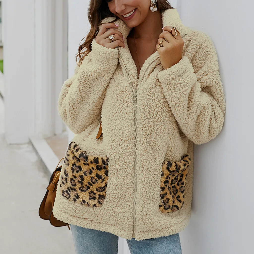 Jaycosin Fashion Women Winter Loose Wild Leopard Print Fleece Coat Stylish Long Sleeve Comfortable Soft Cardigan Zipper Coat22#4