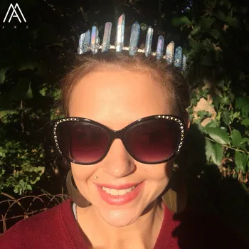 

Silvery Wire Wrapped Titanium Blue AB Quartz Stick Point Crown Headband Bridal Wedding Crown Tiara Hair Jewelry HG075AMBF