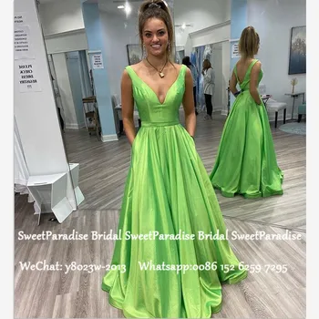

Bright Green Satin Evening Dress For Women 2020 Deep V Neck Backless A Line Formal Long Prom Dresses Robe De Soiree